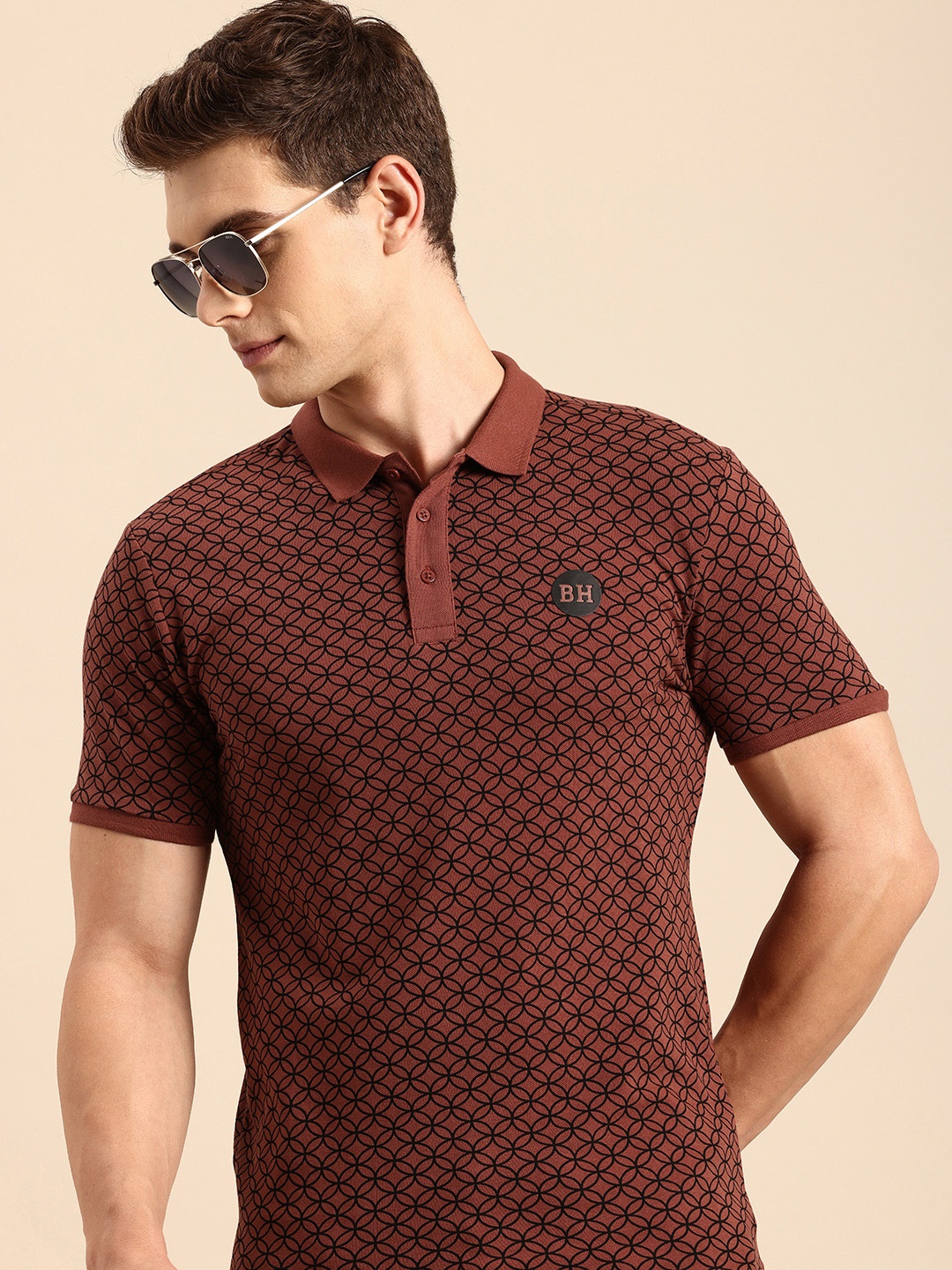 

Being Human Geometric Printed Polo Collar Pure Cotton T-shirt, Rust