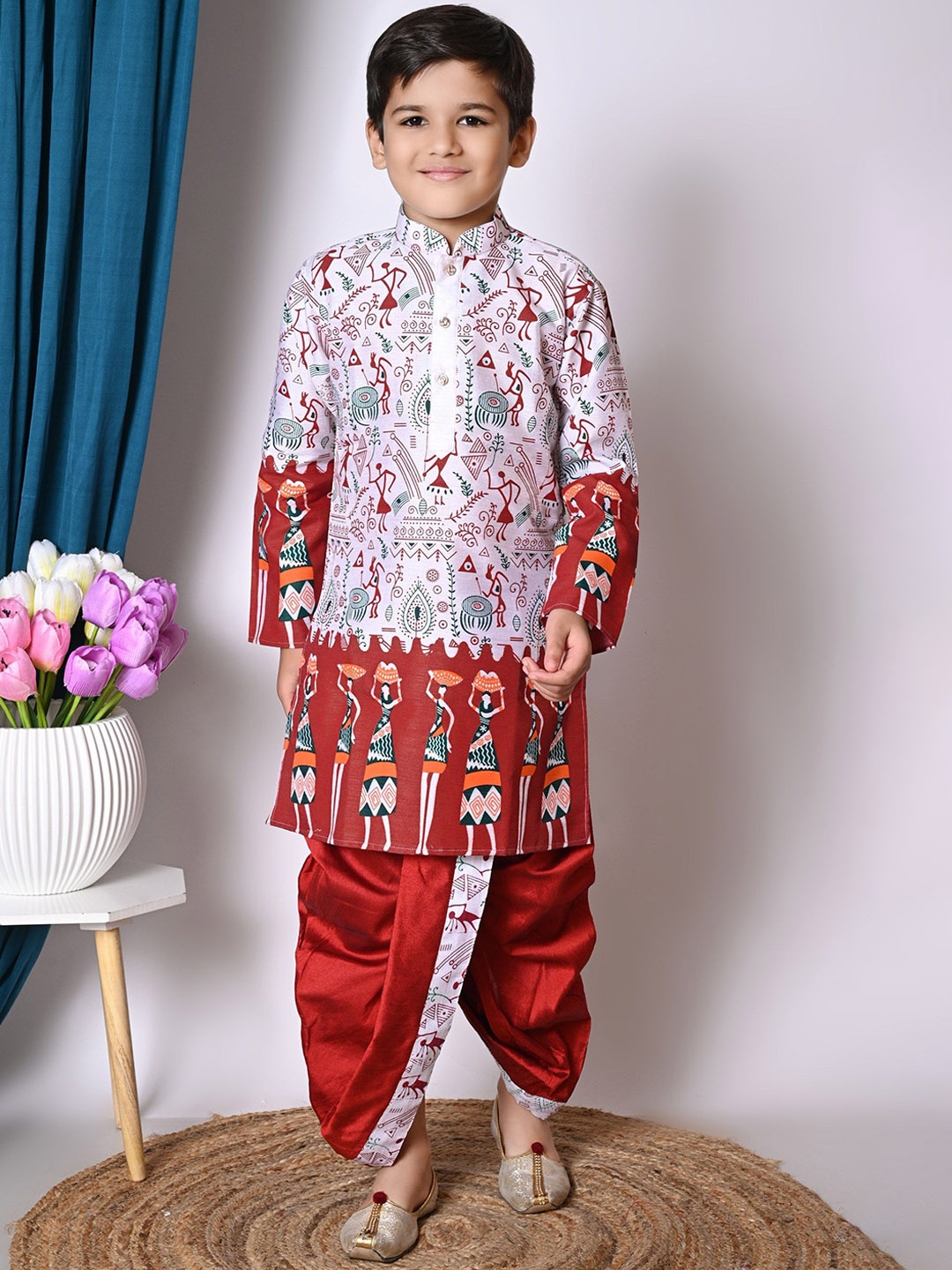 

BAESD Boys Printed Regular Dupion Silk Kurta with Dhoti Pants, Maroon