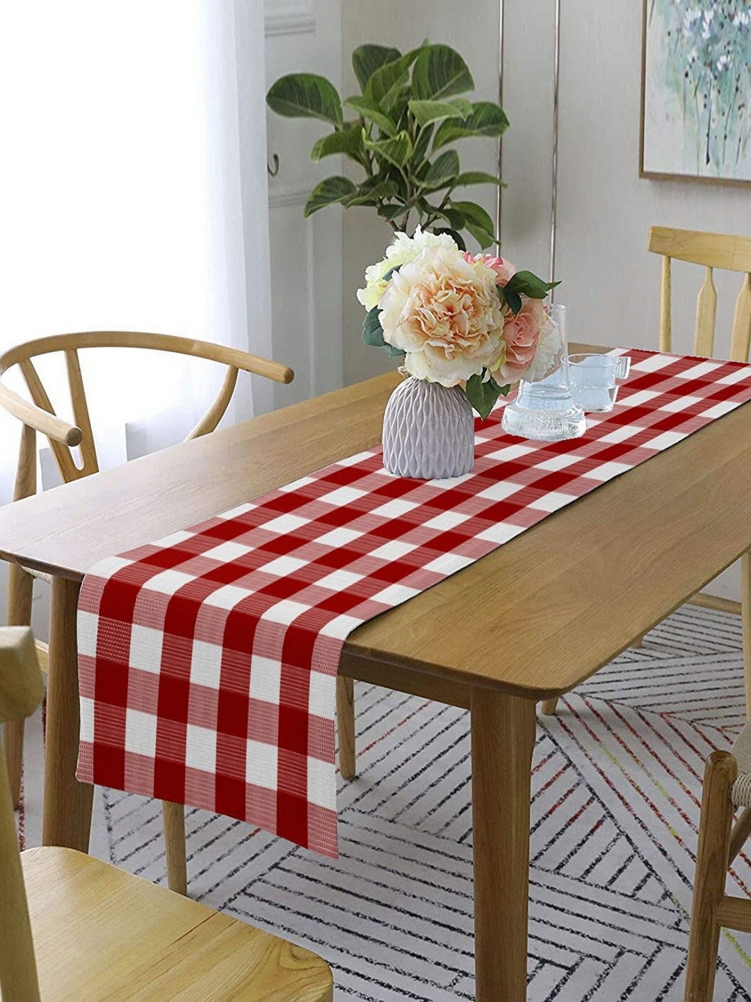 

Lushomes Red & White 2 Pieces Checked Pure Cotton Rectangular Table Runners