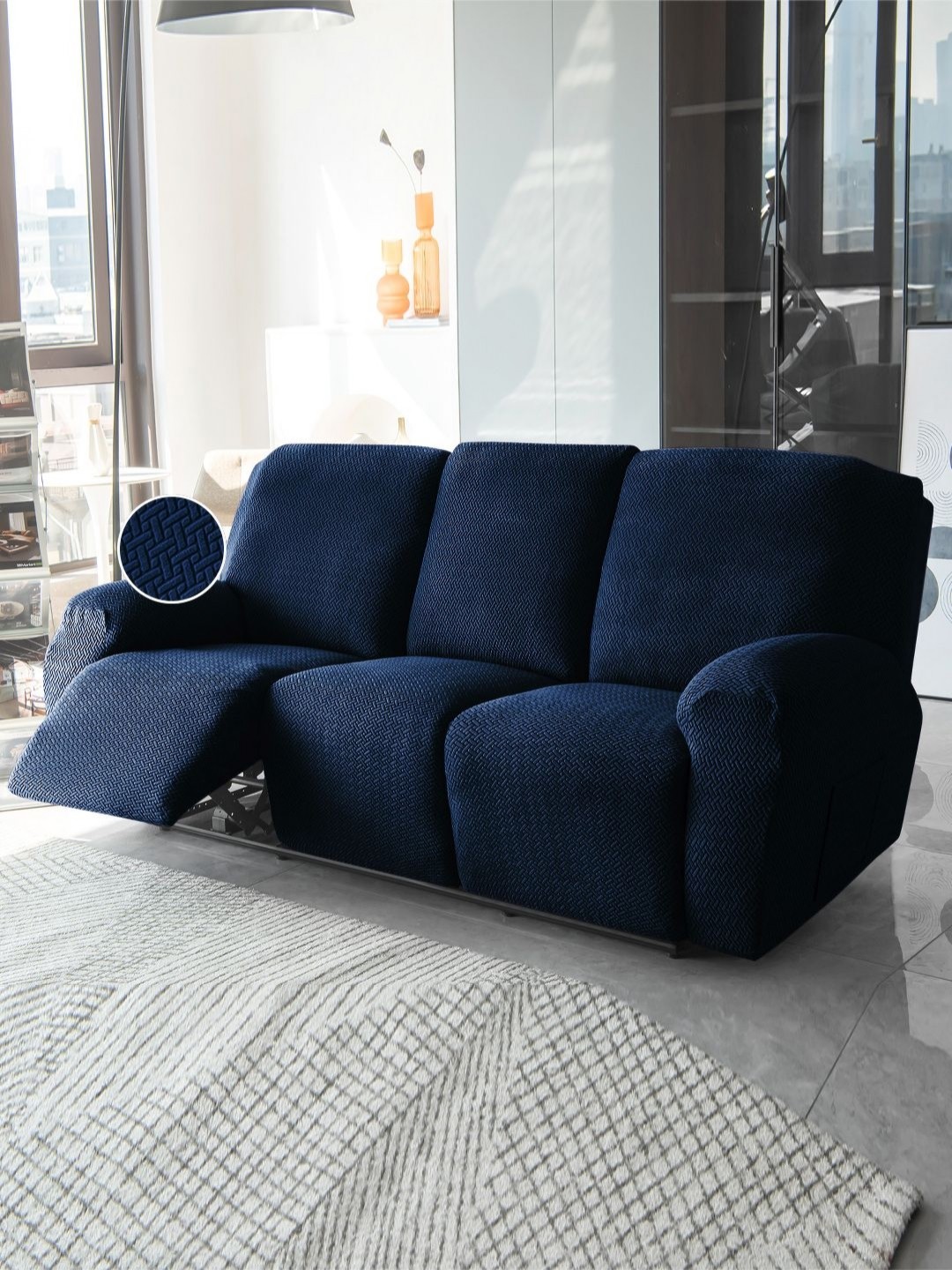 

HOKIPO Navy Blue Jacquard 3-Seater Sofa Cover with Arms