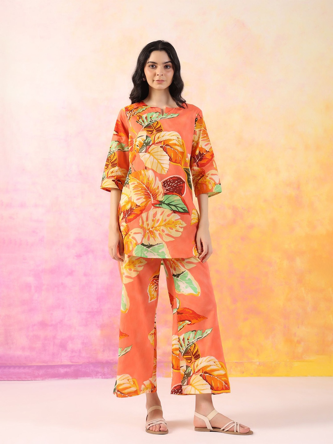 

JISORA Floral Printed Pure Cotton Night Suit, Orange