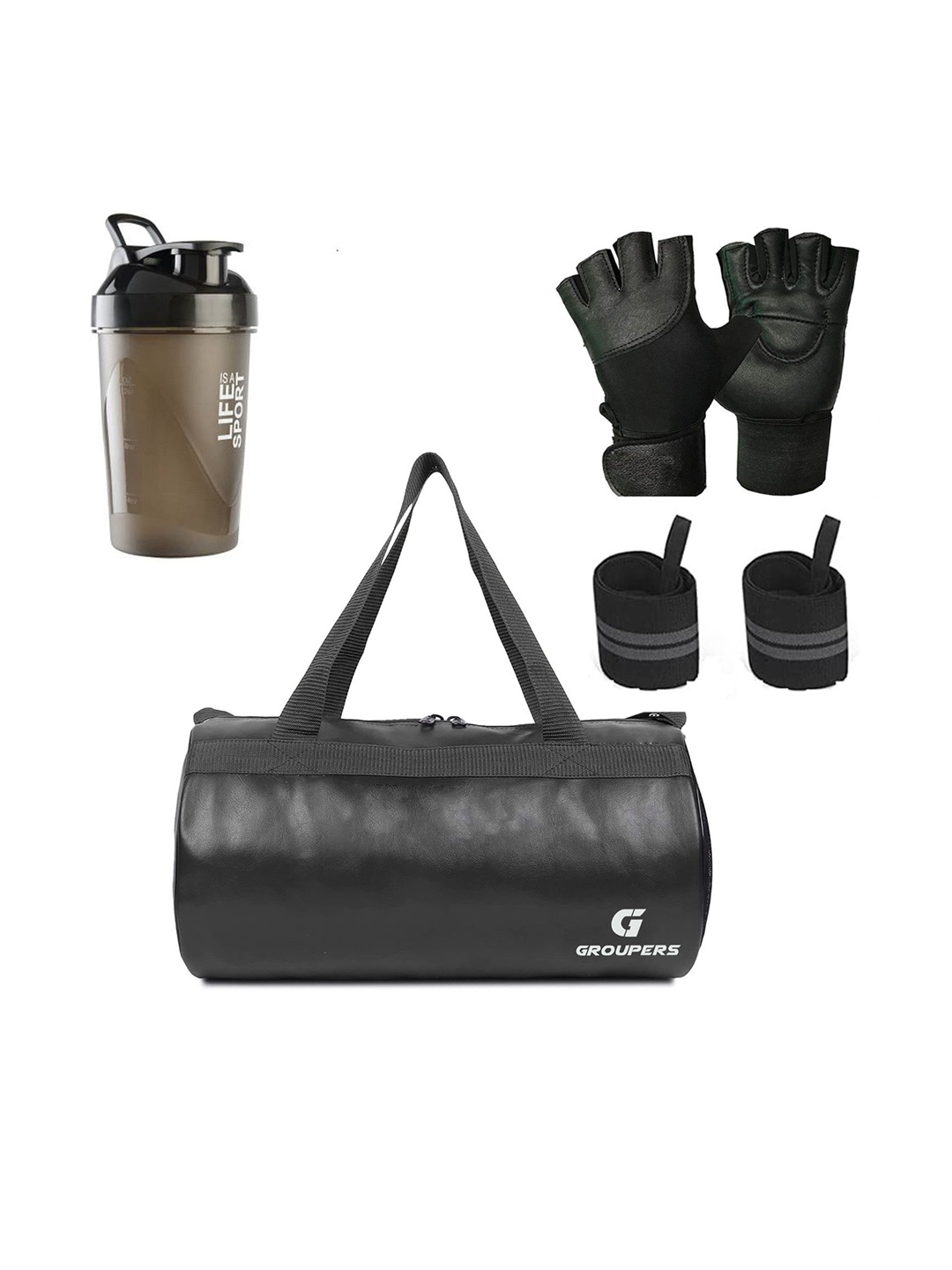 

GROUPERS Medium Foldable Gym Duffel Bag with Gloves & Wrist Band with Shaker Bottle, Black