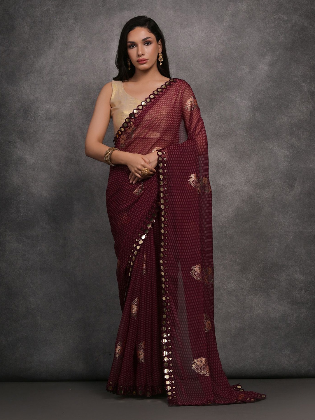 

Mitera Ethnic Motifs Mirror Work Saree, Maroon