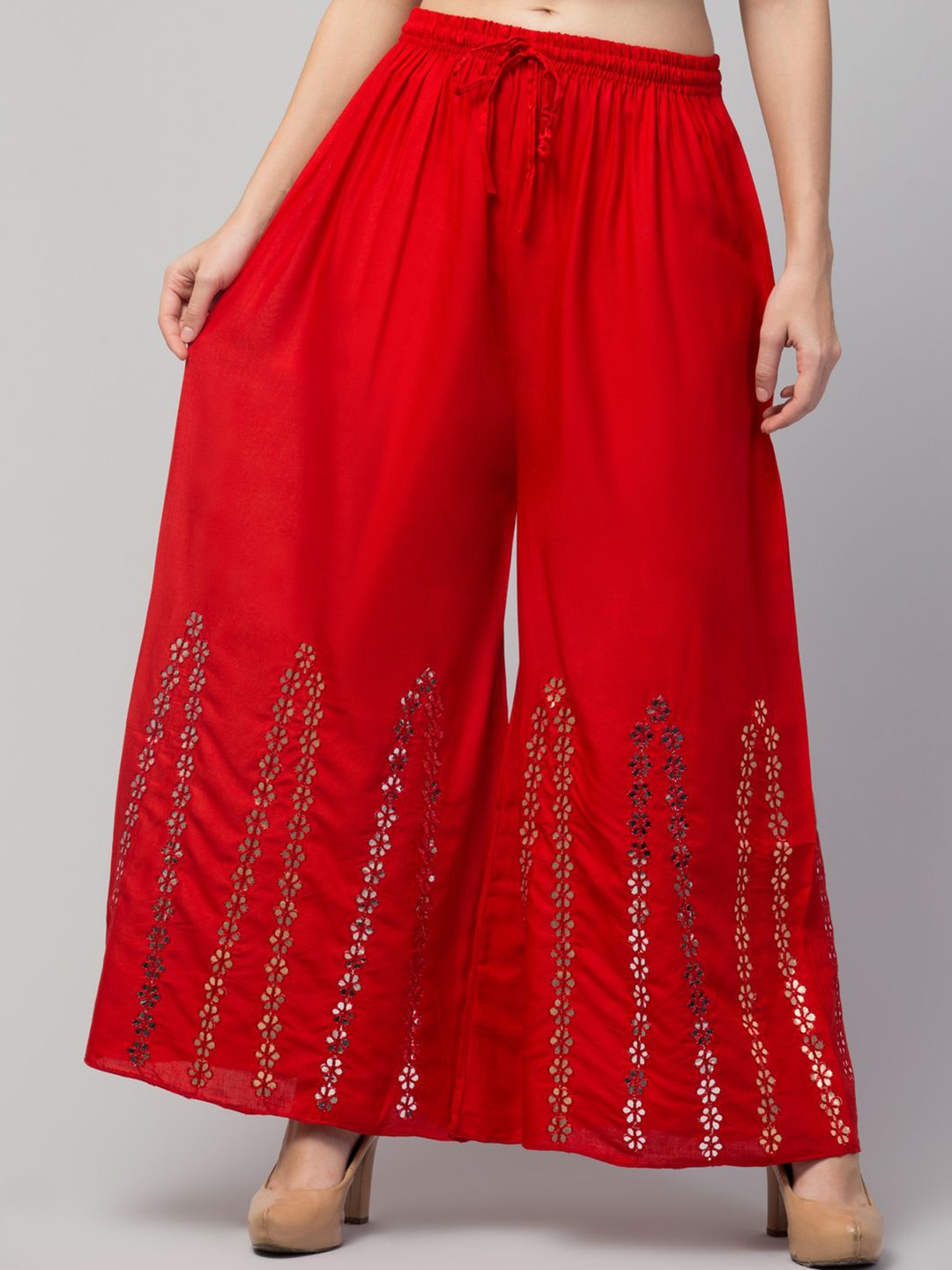

FAMBEE Women Ethnic Motifs Embroidered Flared Ethnic Palazzos, Red
