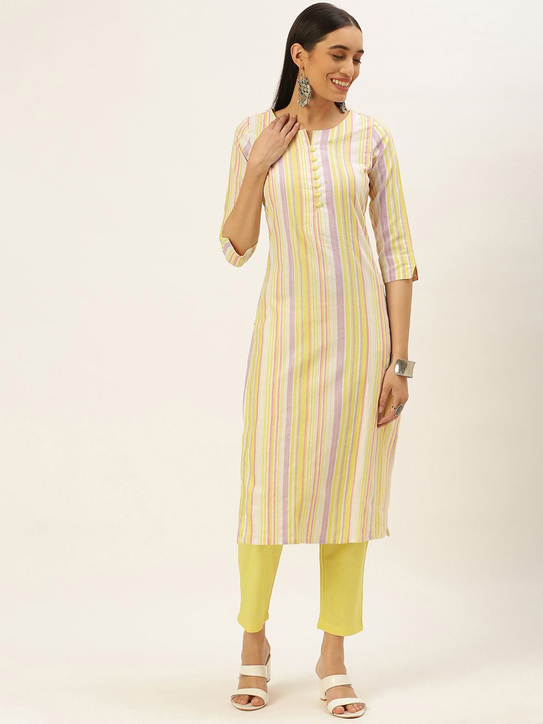 

KALINI Striped Woven Design Kurta With Trousers, Yellow