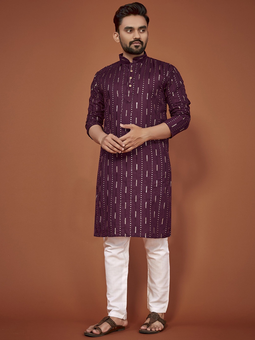 

Anaita Striped Embellished Mandarin Collar Sequinned Cotton Regular Straight Kurta, Purple