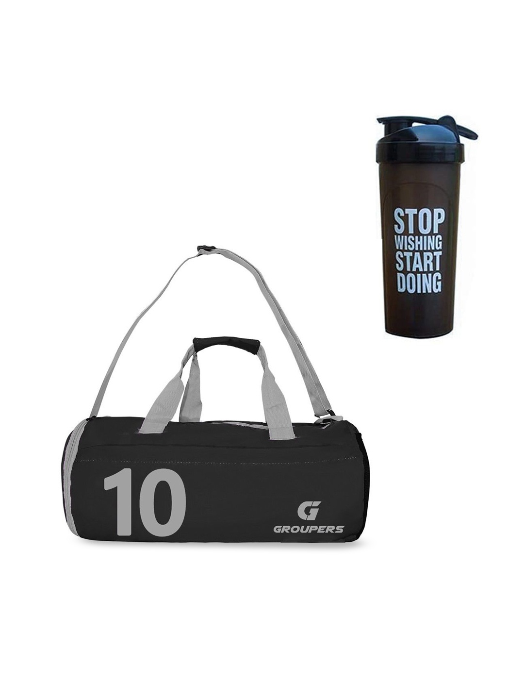 

GROUPERS Printed Medium Foldable Sports Duffel Bag With Gloves Wrist Band & Shaker Bottle, Black