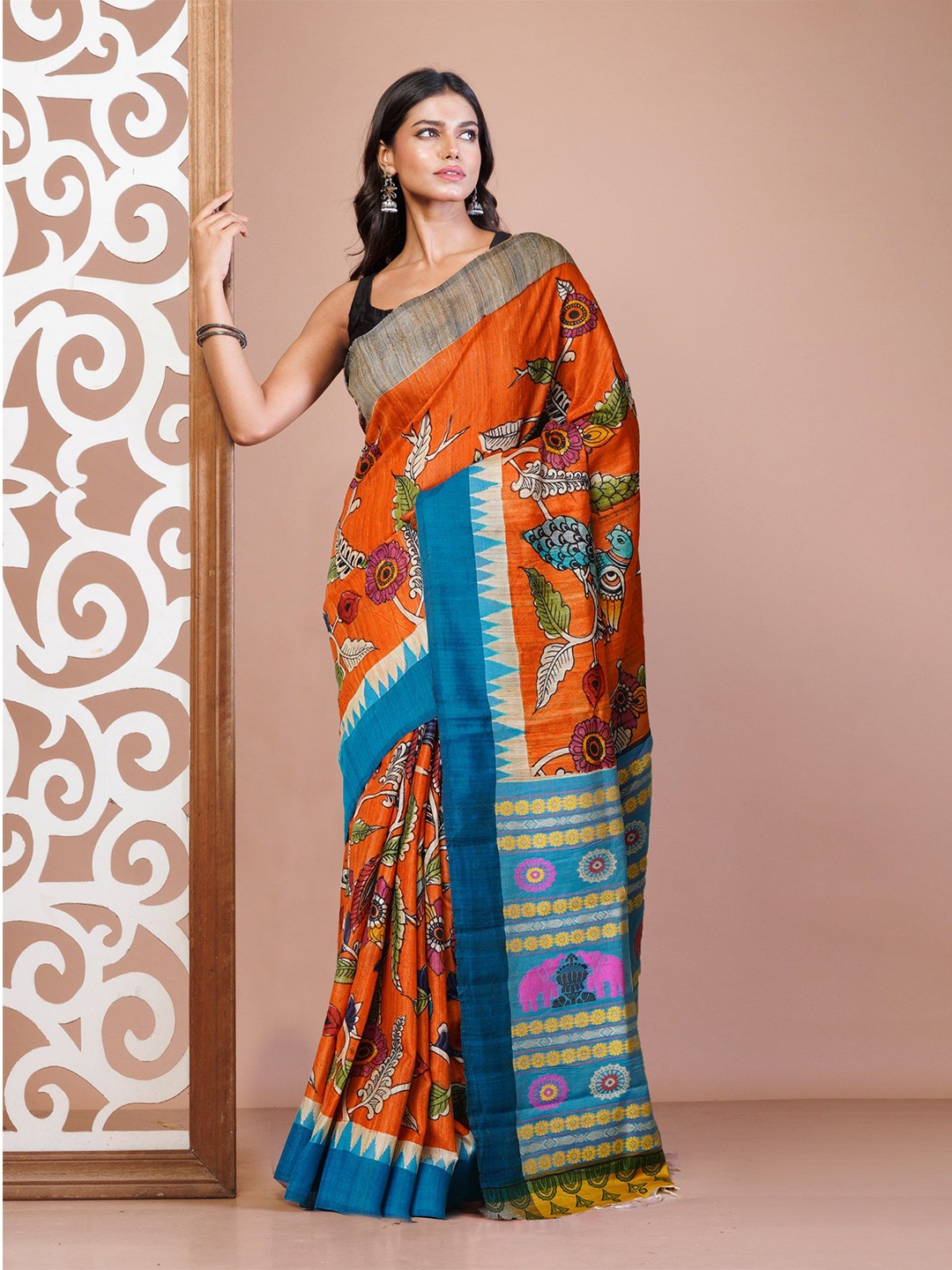 

Unnati Silks Ethnic Motifs Pure Silk Handloom Tussar Saree, Orange