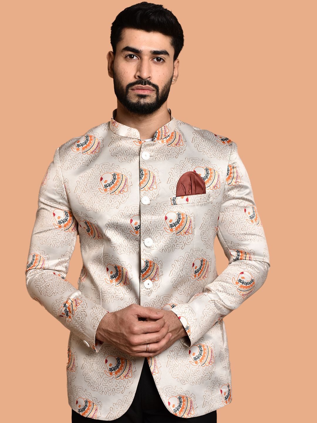 

PRINTCULTR Ethnic Motifs Printed Bandhgala Casual Blazer, Off white