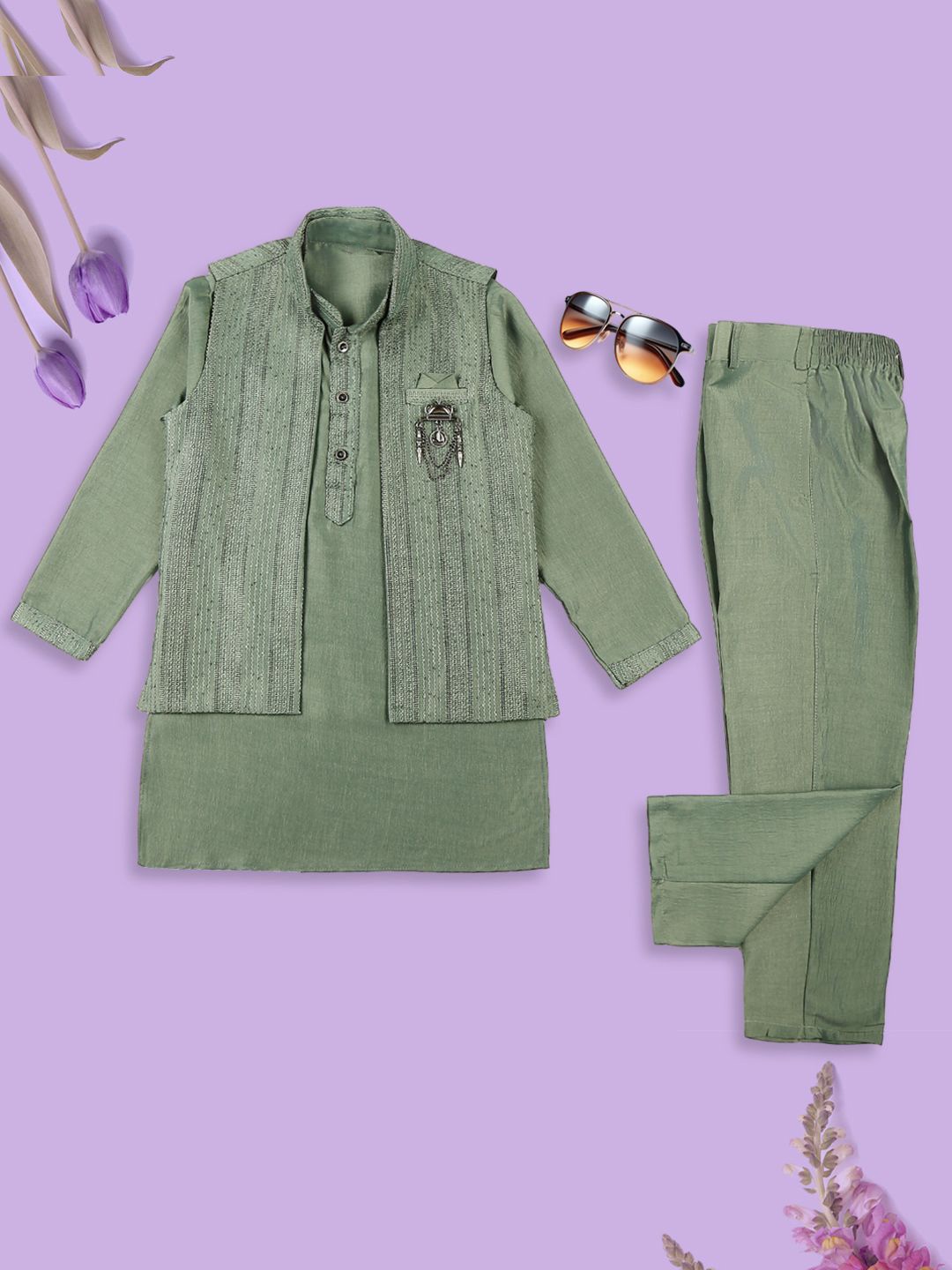 

YK Boys Mandarin Collar Straight Kurta with Trousers & Nehru jacket, Green