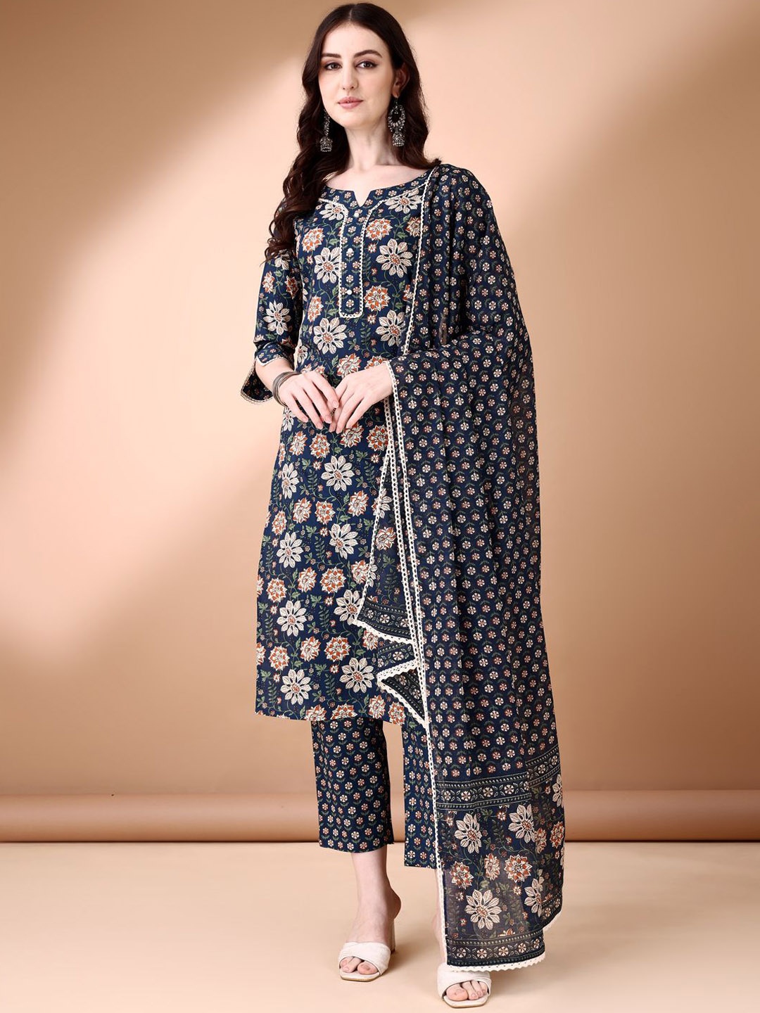 

Anouk Floral Printed Regular Pure Cotton Straight Kurta with Trousers & Dupatta, Blue