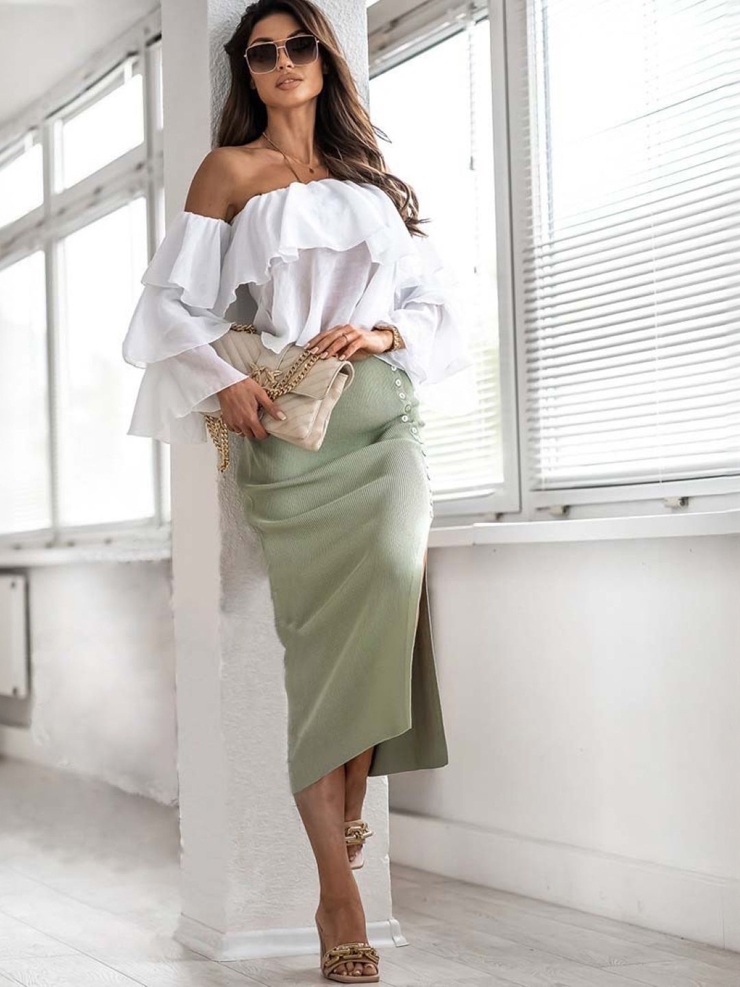 

KPOP Women Ribbed Straight Midi Casual Side Slit Skirt, Green