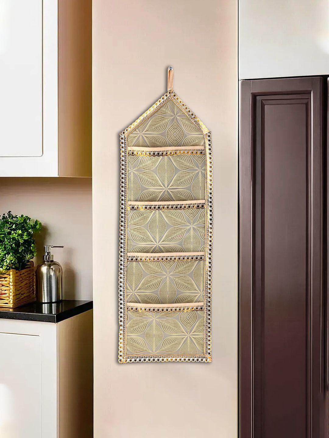 

Kuber Industries Gold-Toned & Grey Printed Wall Hanging 3 Pockets Multi-Utility Organisers