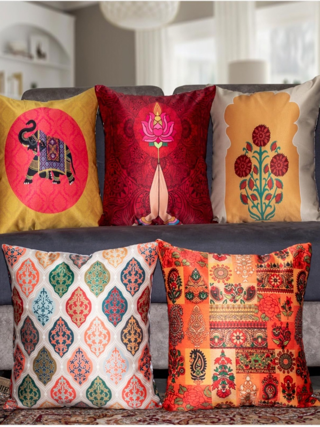 

Vendola Red & Yellow 5 Pieces Ethnic Motifs Satin Square Cushion Covers