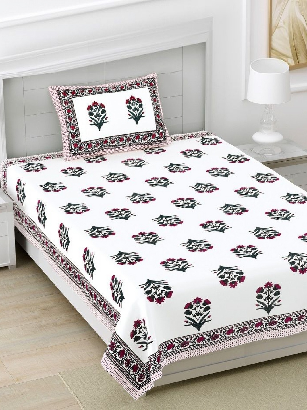 

HOMELINE Purple & White Ethnic Motifs 160 TC Cotton Single Bedsheet With 1 Pillow Cover