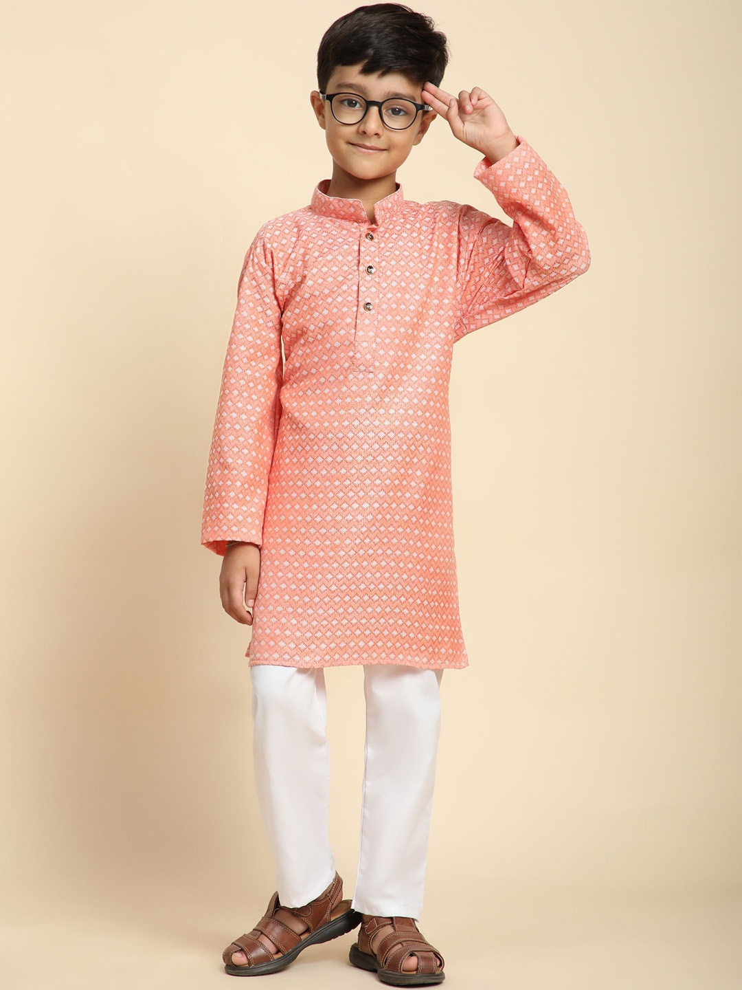 

Pro-Ethic STYLE DEVELOPER Boys Geometric Printed Pure Cotton Straight Kurta with Pyjamas, Peach