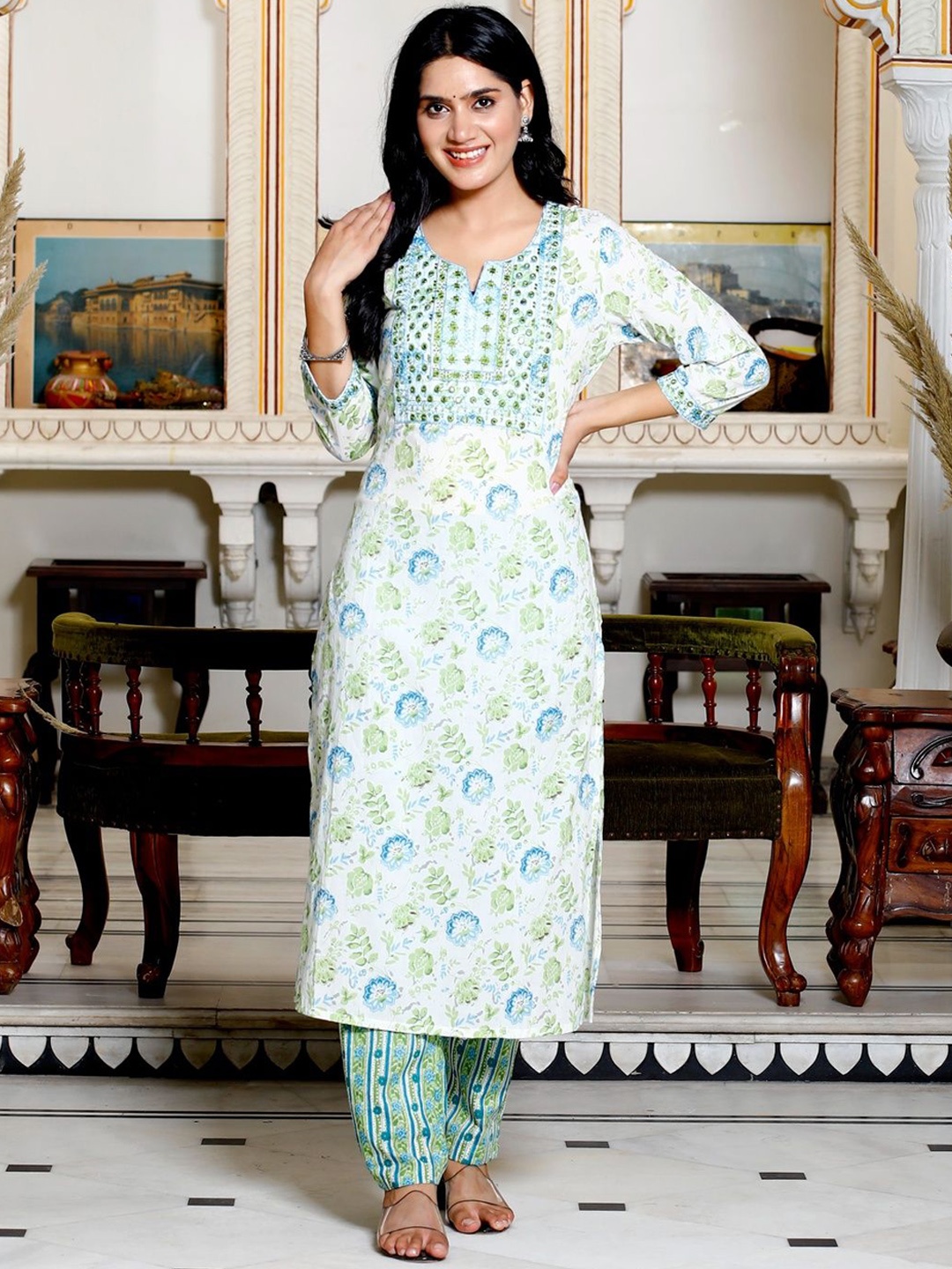 

KALINI Floral Printed Pure Cotton Kurta With Trousers & Dupatta, Green