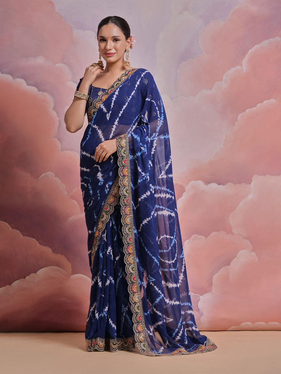 

Mitera Tie and Dye Sequinned Embroidered Saree, Blue