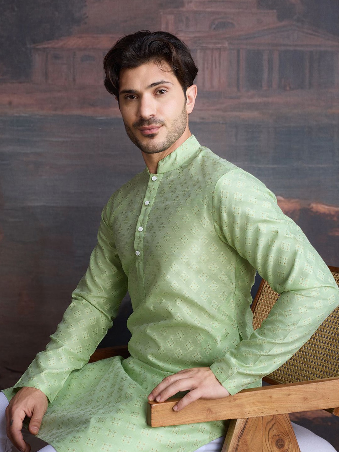 

House of Pataudi Ethnic Motifs Woven Design Mandarin Collar Straight Kurta, Green