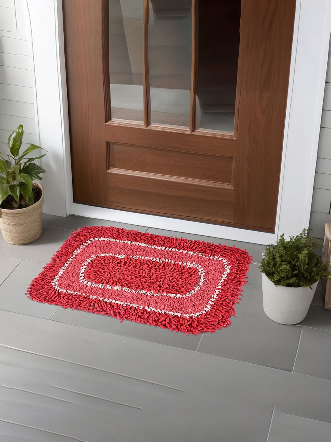 

Kuber Industries Red & White Textured Anti Slip Durable Doormat