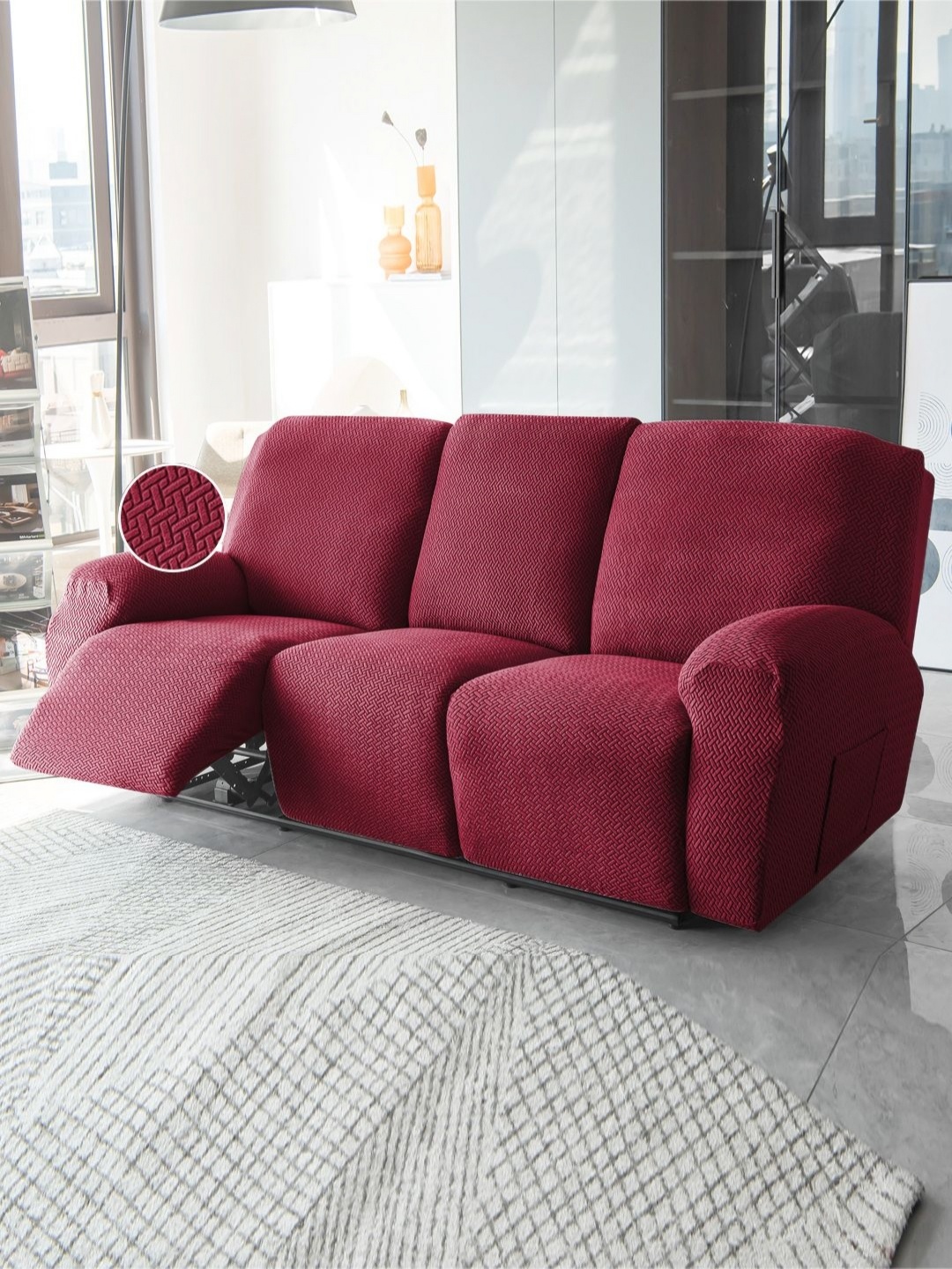 

HOKIPO Burgundy 3 Seater 210GSM Thick T-Type Jacquard Recliner Sofa Cover