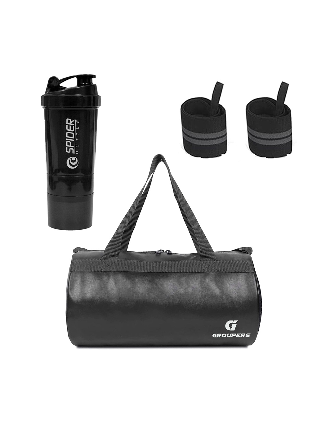 

GROUPERS Medium Foldable Sports Duffel Bag With Gloves Shaker Bottle & Wrist Band, Black