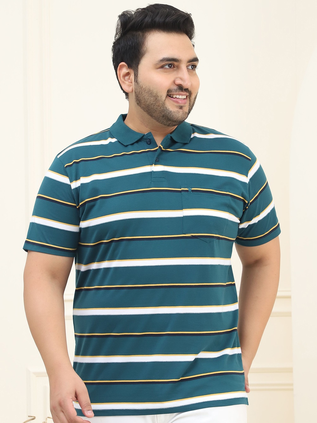 

VENITIAN Men Striped Polo Collar Cotton Plus Size T-shirt, Green