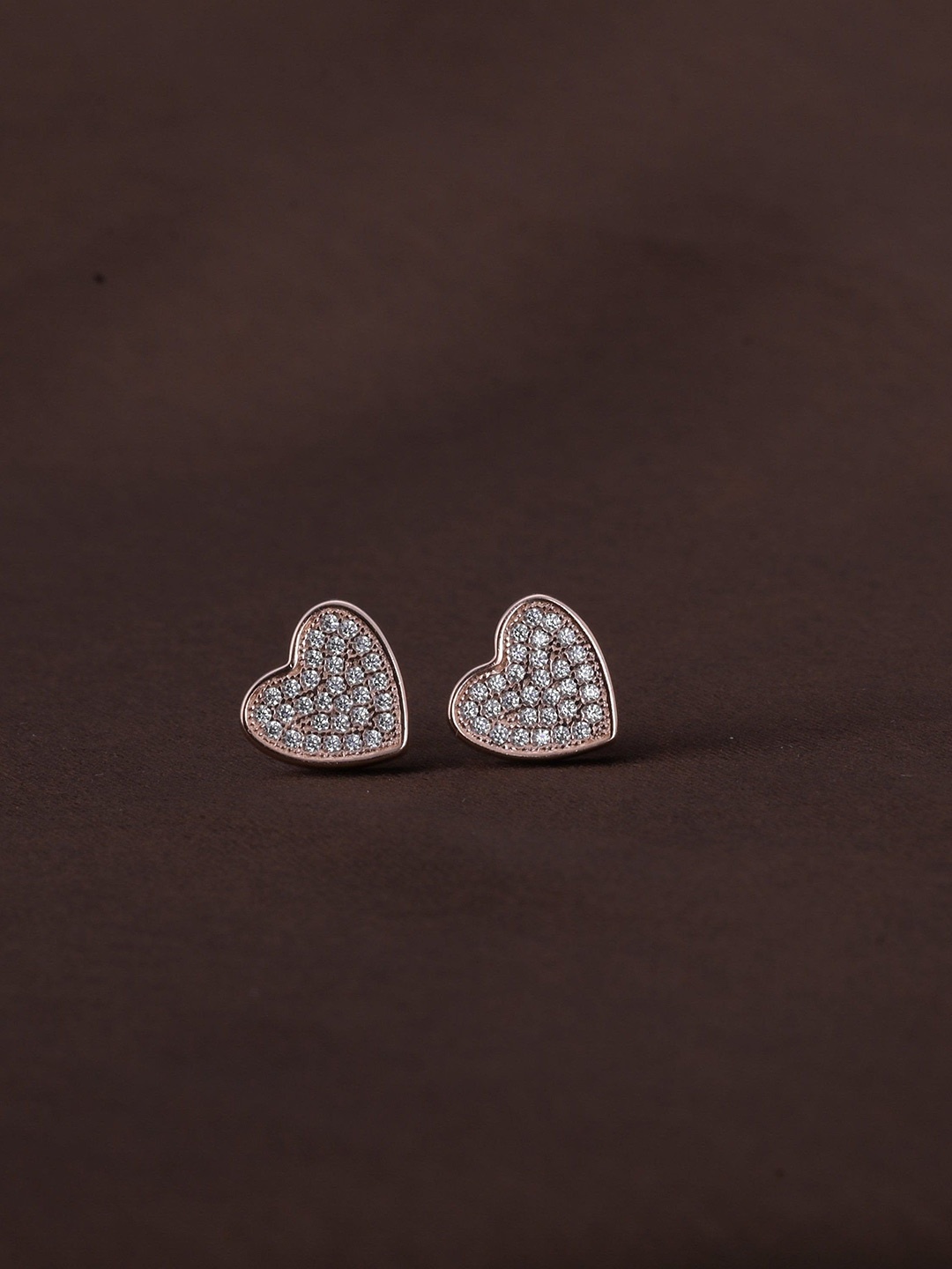 

PALMONAS Rose Gold-Plated Cubic Zirconia Studded Heart Shaped Studs