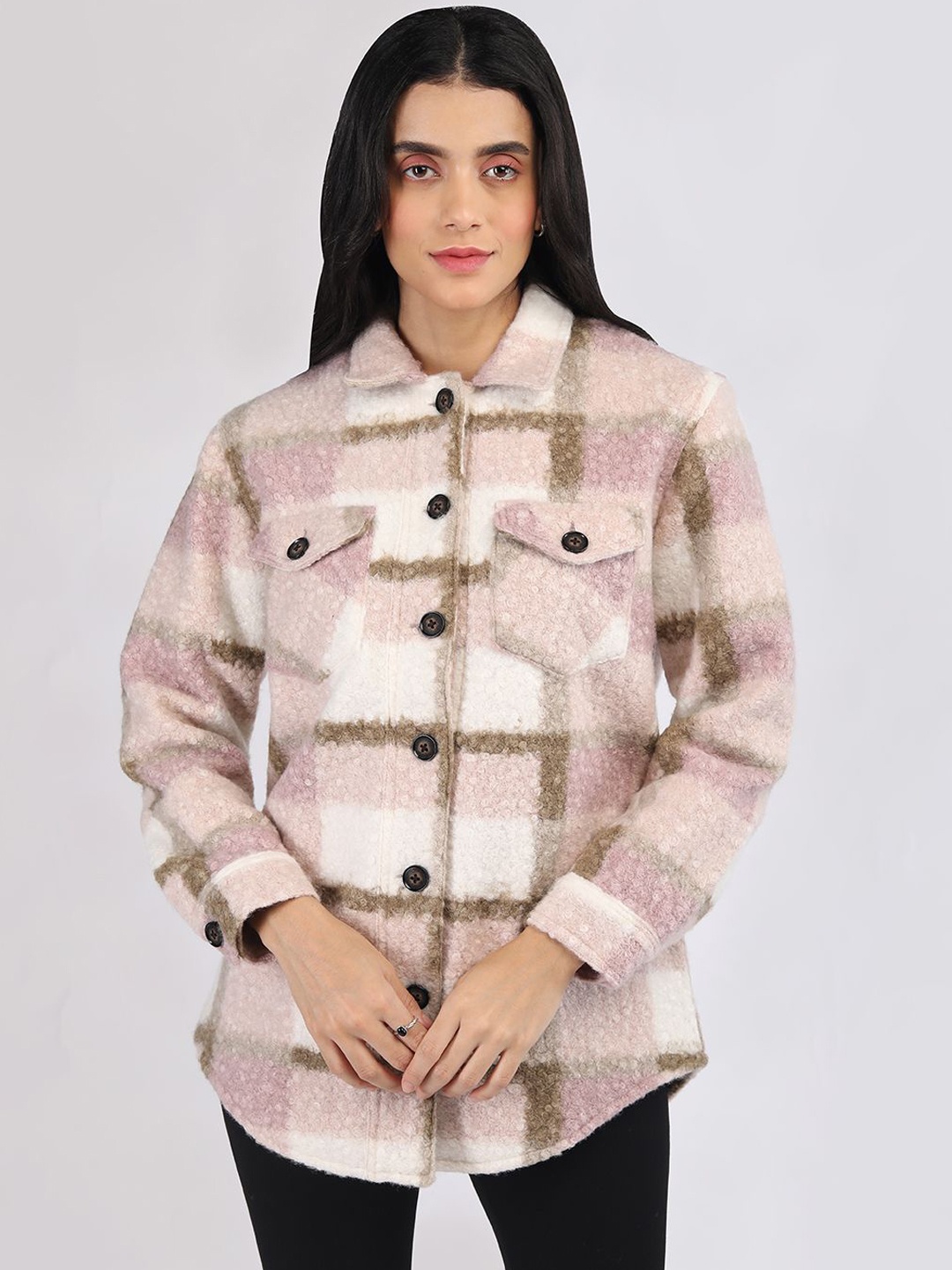 

HONNETE Women Checked Spread Collar Parka Coat, Pink