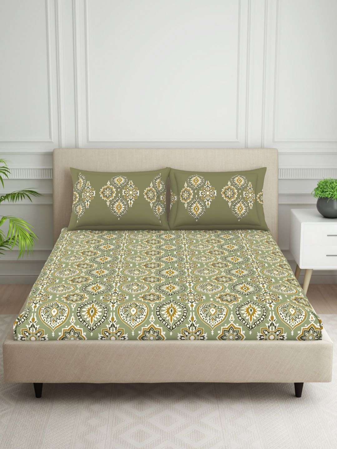 

SPACES Green Ethnic Motifs Printed 132 TC Pure Cotton Queen Bedsheet With 2 Pillow Covers