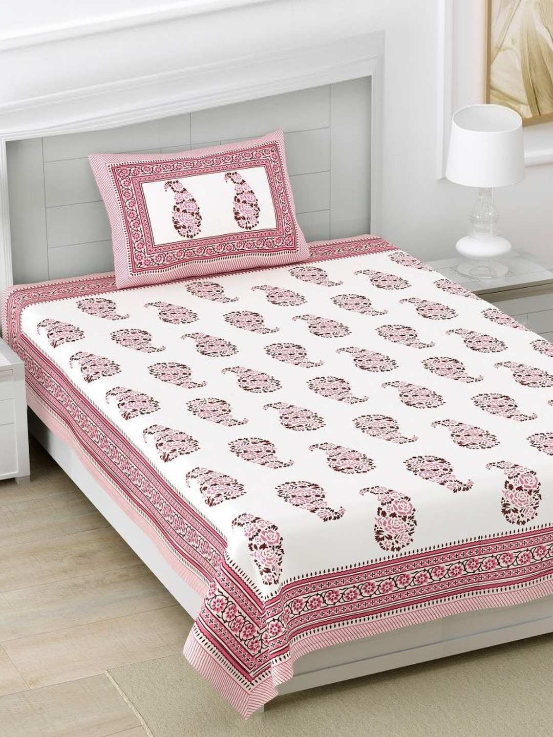 

HOMELINE Pink & White Ethnic Motifs 160 TC Cotton Single Bedsheet With 1 Pillow Cover