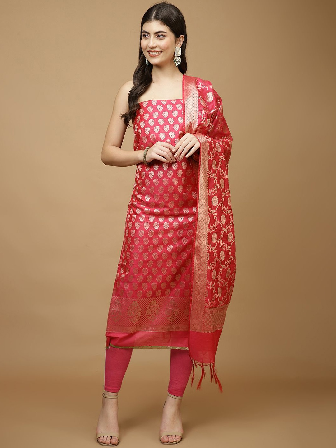 

Meena Bazaar Woven Design Unstitched Dress Material, Pink