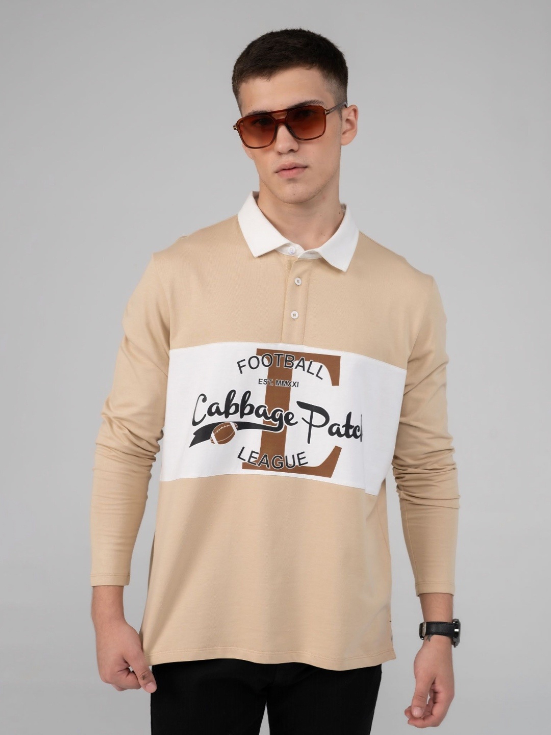 

EDRIO Men Typography Printed Polo Collar Cotton T-shirt, Cream