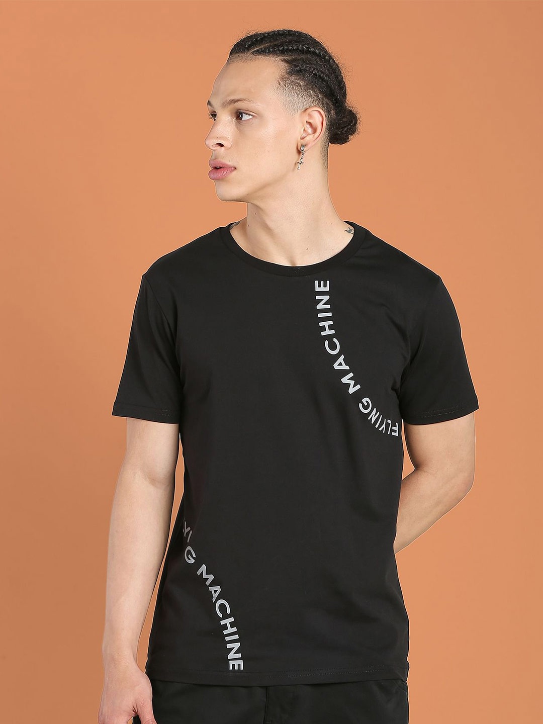 

Flying Machine Typography Printed Cotton T-shirt, Black