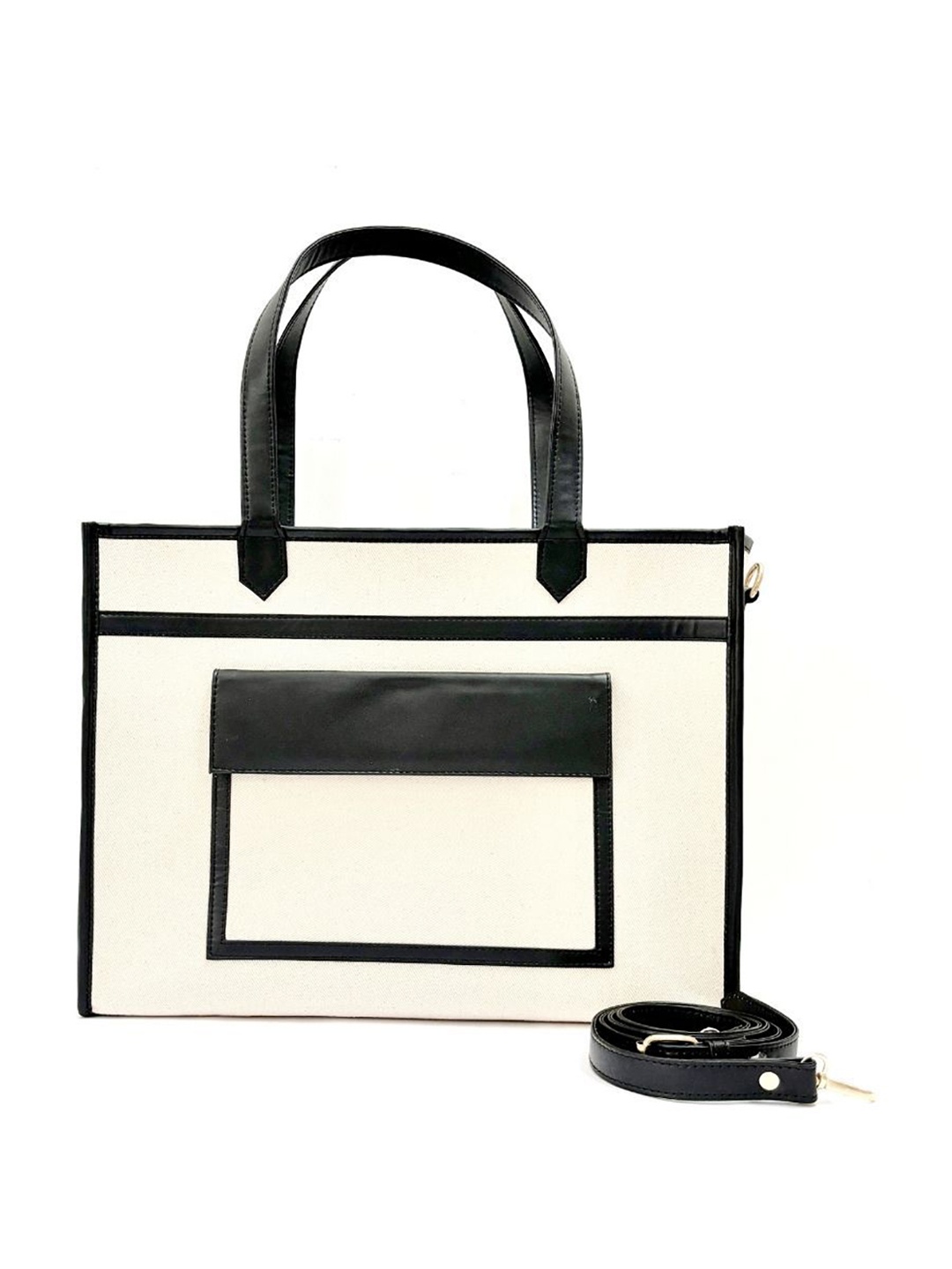 

Hues Studio Women Colourblocked Oversized Tote Bag With Detachable Sling Strap, Cream