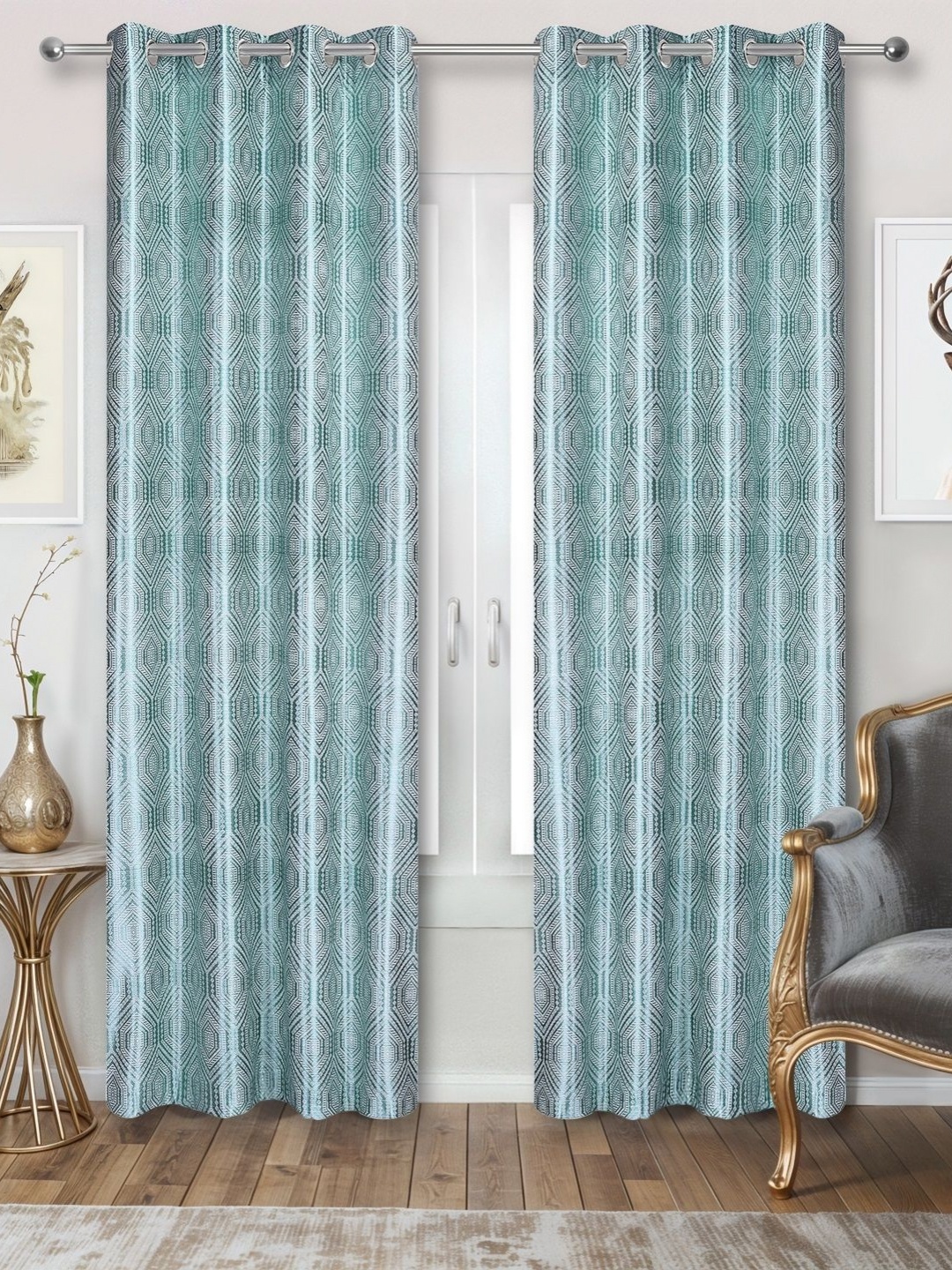 

REYANSH DECOR Turquoise Blue 2 Pieces Geometric Printed Room Darkening Door Curtains