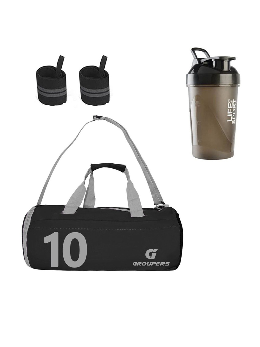 

GROUPERS Printed Medium Foldable Gym Duffel Bag With Shaker Bottle & Wrist Band, Black