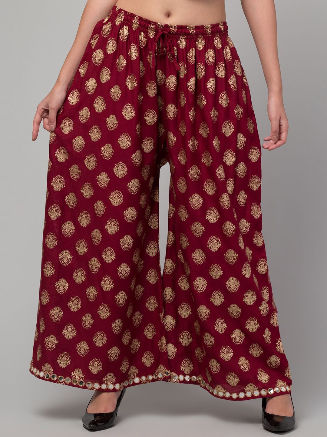 

FAMBEE Women Ethnic Motifs Printed Flared Knitted Palazzos, Maroon