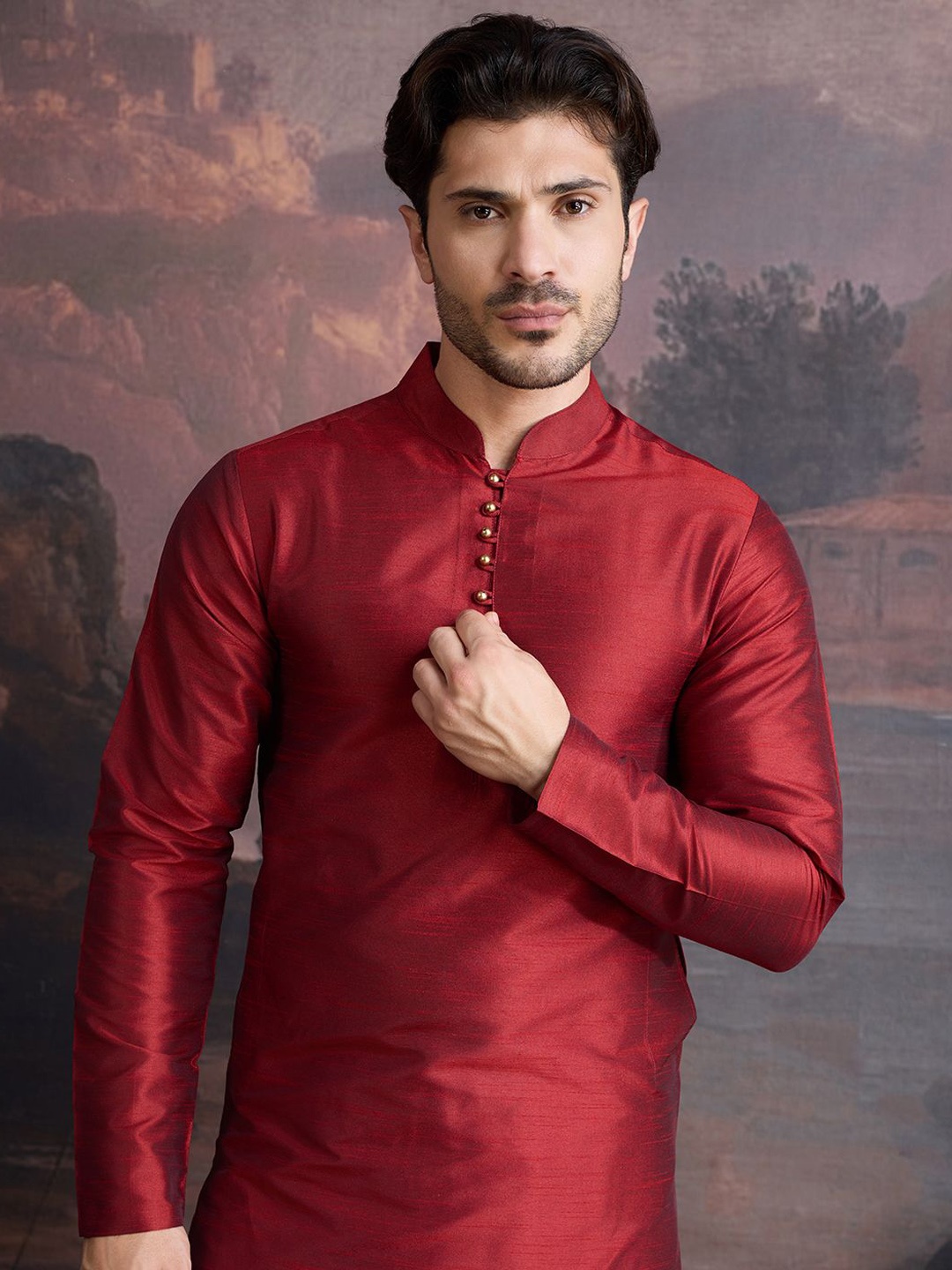 

House of Pataudi Long Sleeved Straight Kurtas, Maroon