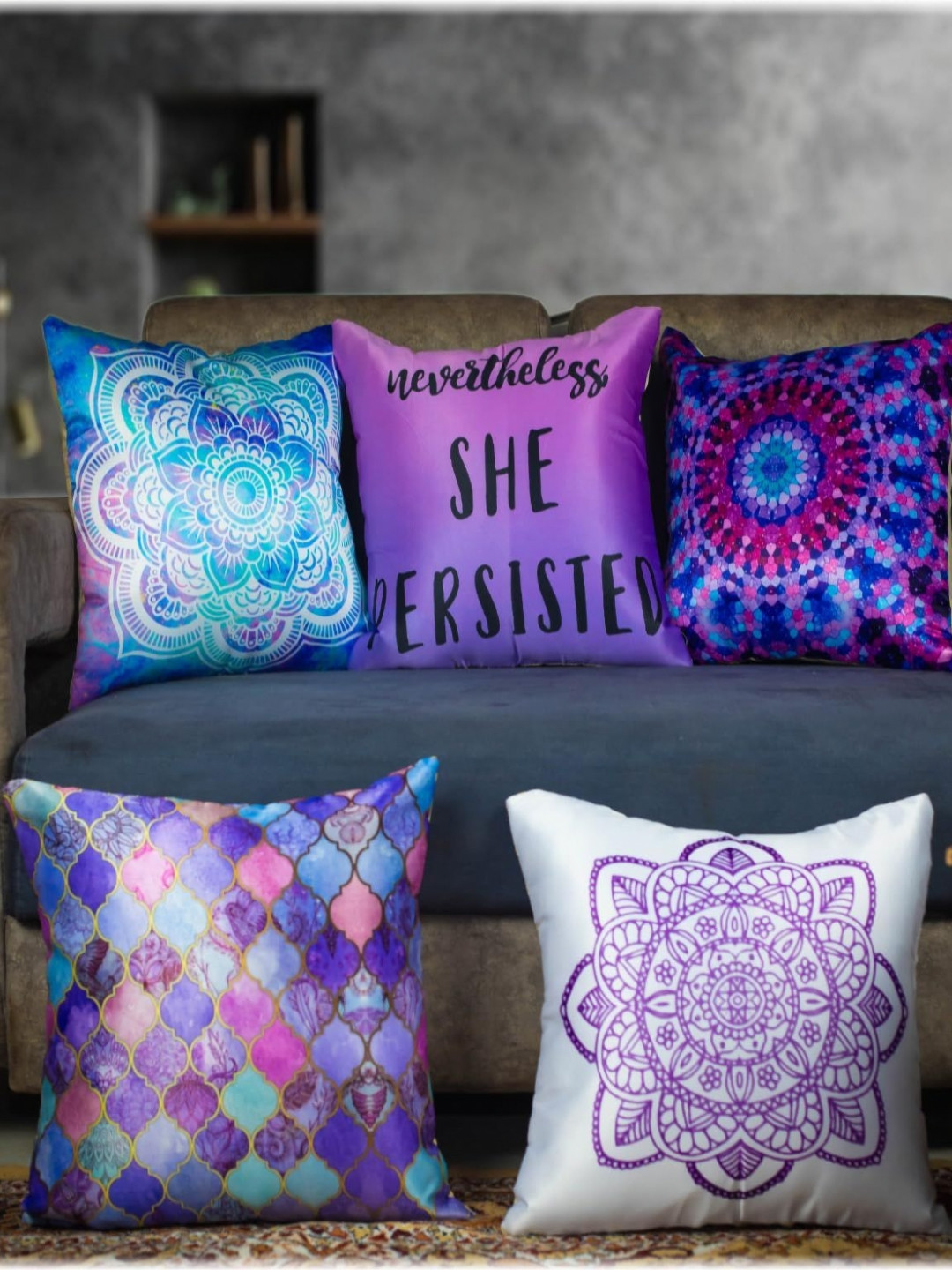 

Vendola Purple & Blue 5 Pieces Floral Printed Satin Square Cushion Covers