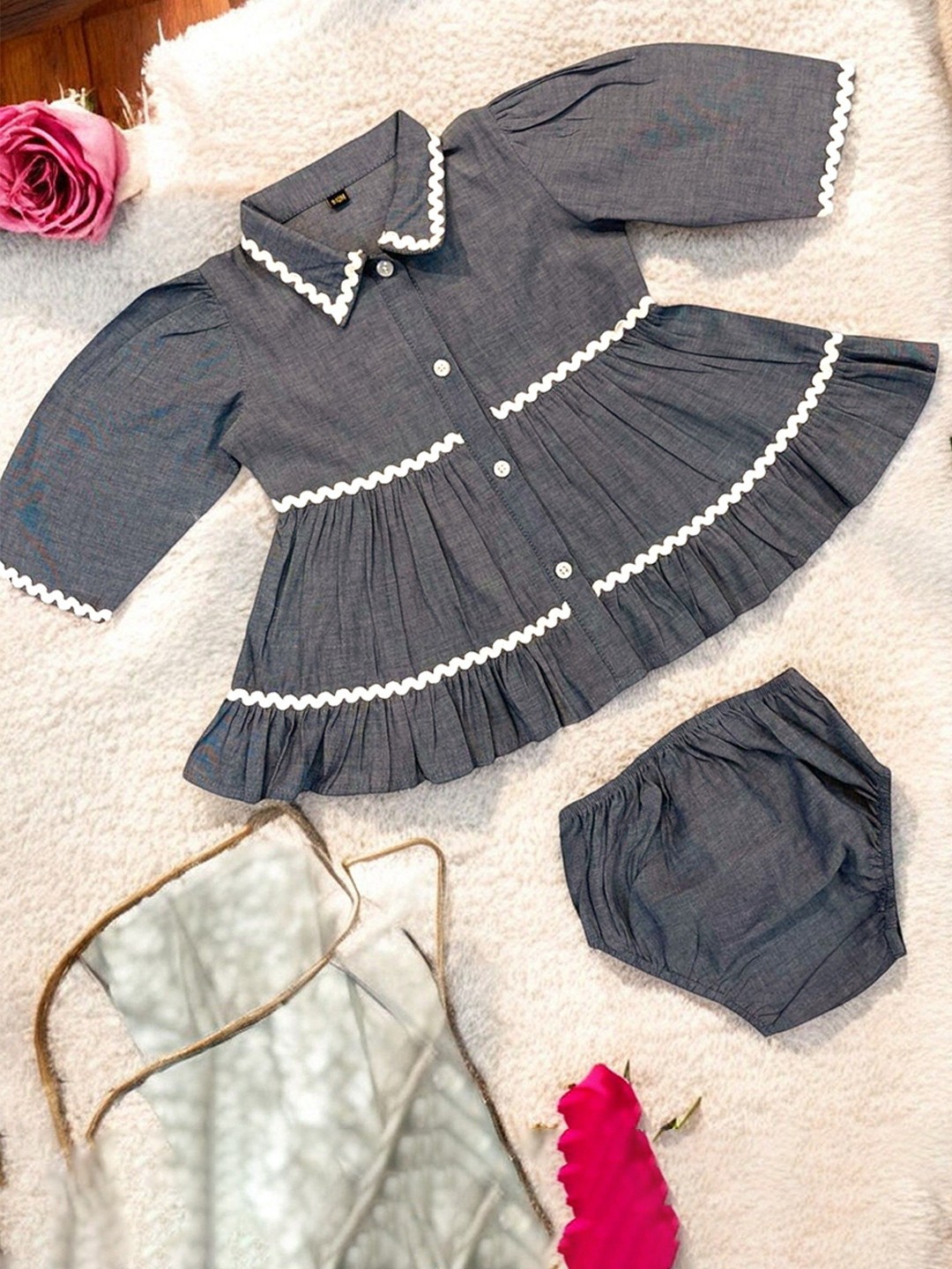 

MUSHKIYA Girls Shirt Collar Fit and Flare Dress, Grey