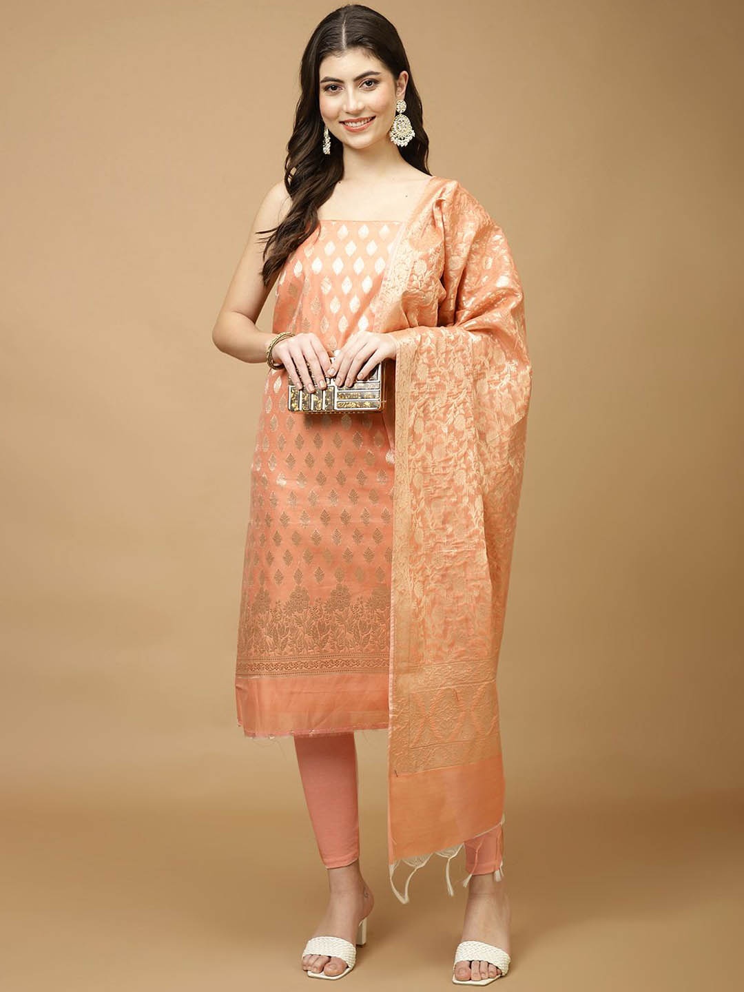 

Meena Bazaar Art Silk Unstitched Dress Material, Peach