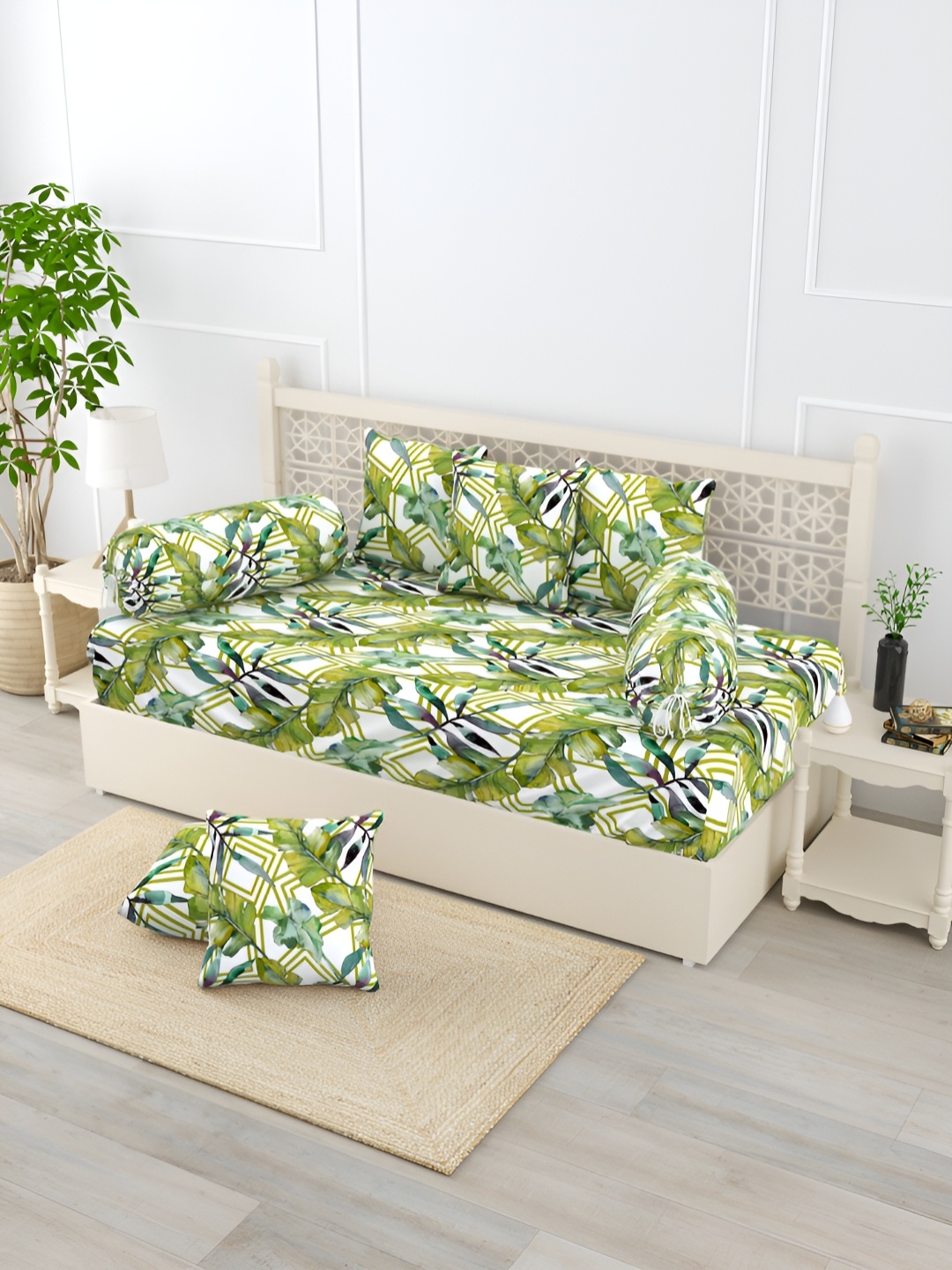 

EverHOME Green & White 8 Pieces Floral Printed Pure Cotton Diwan Set