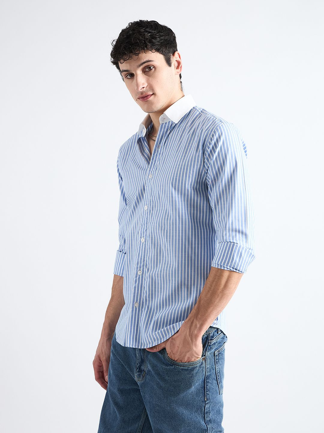 

all yours Men Classic Slim Fit Opaque Striped Formal Shirt, Blue