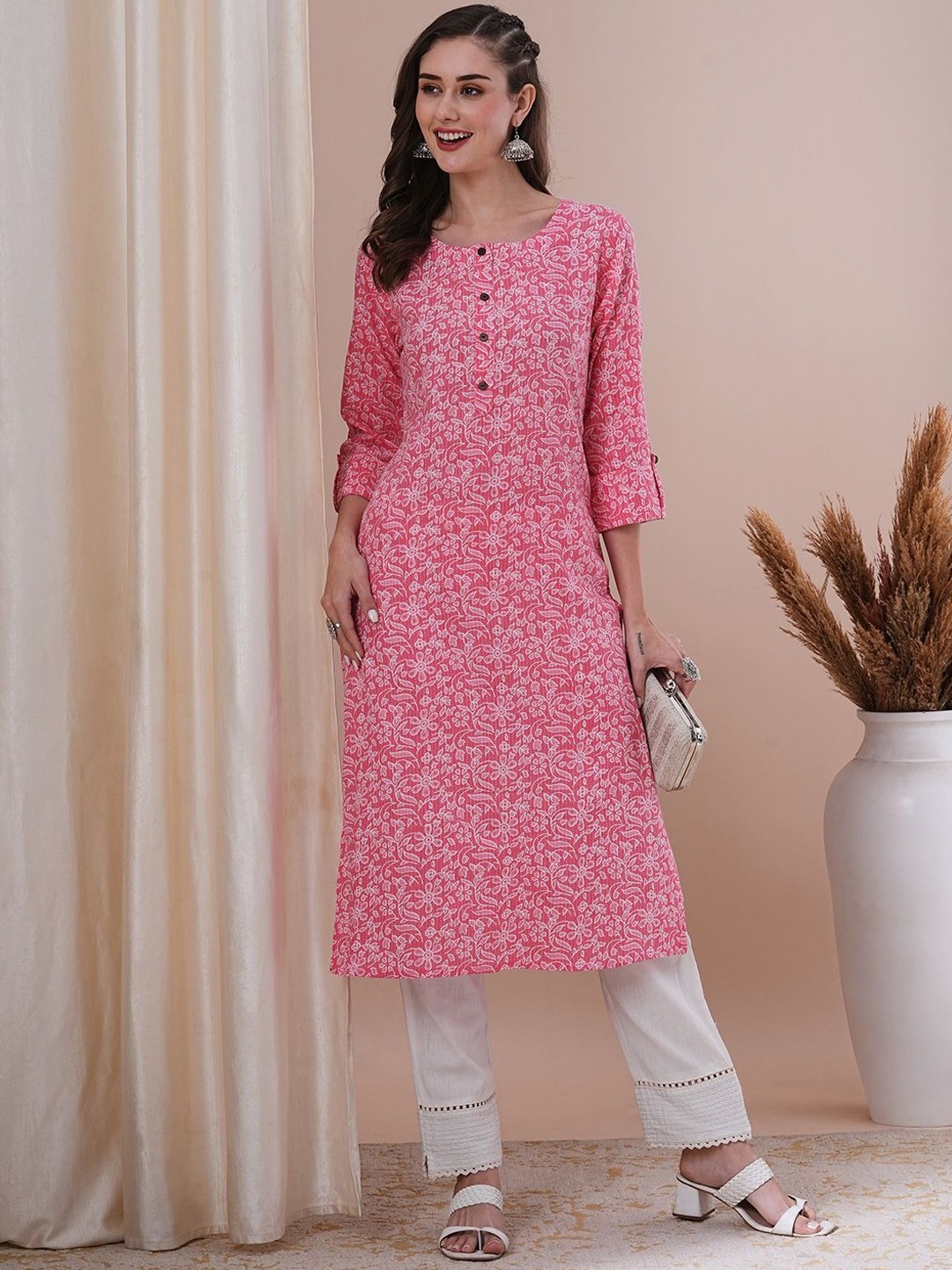 

FASHOR Women Floral Printed Kurta, Pink