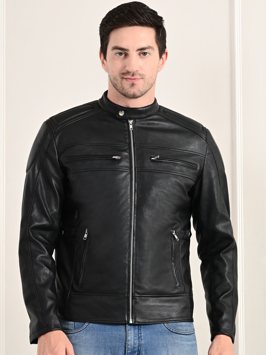 

TBOJ Mandarin Collar Long Sleeves Classic Look Lightweight Leather Jacket, Black
