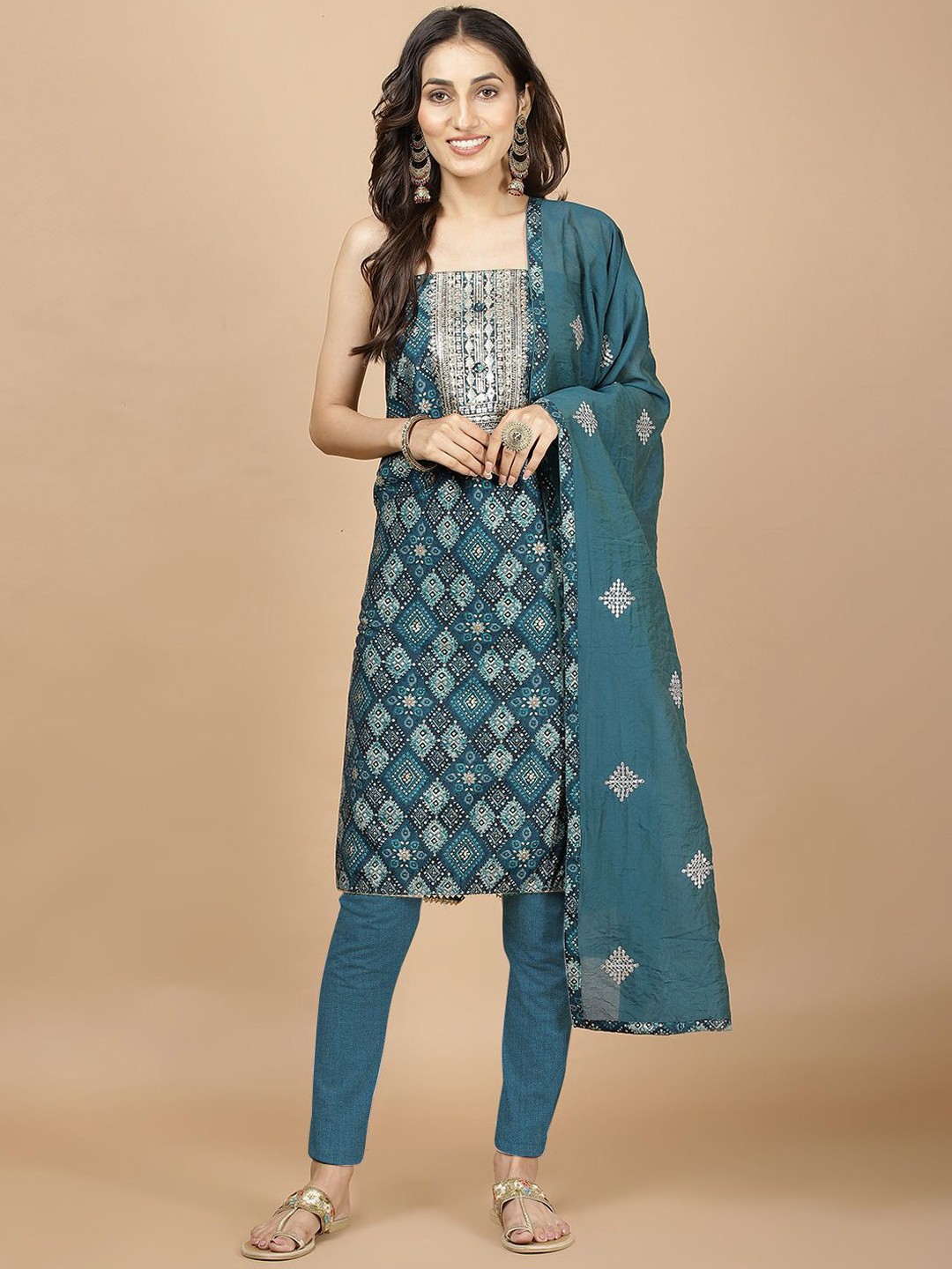 

Meena Bazaar Floral Embroidered Sequinned Unstitched Dress Material, Teal