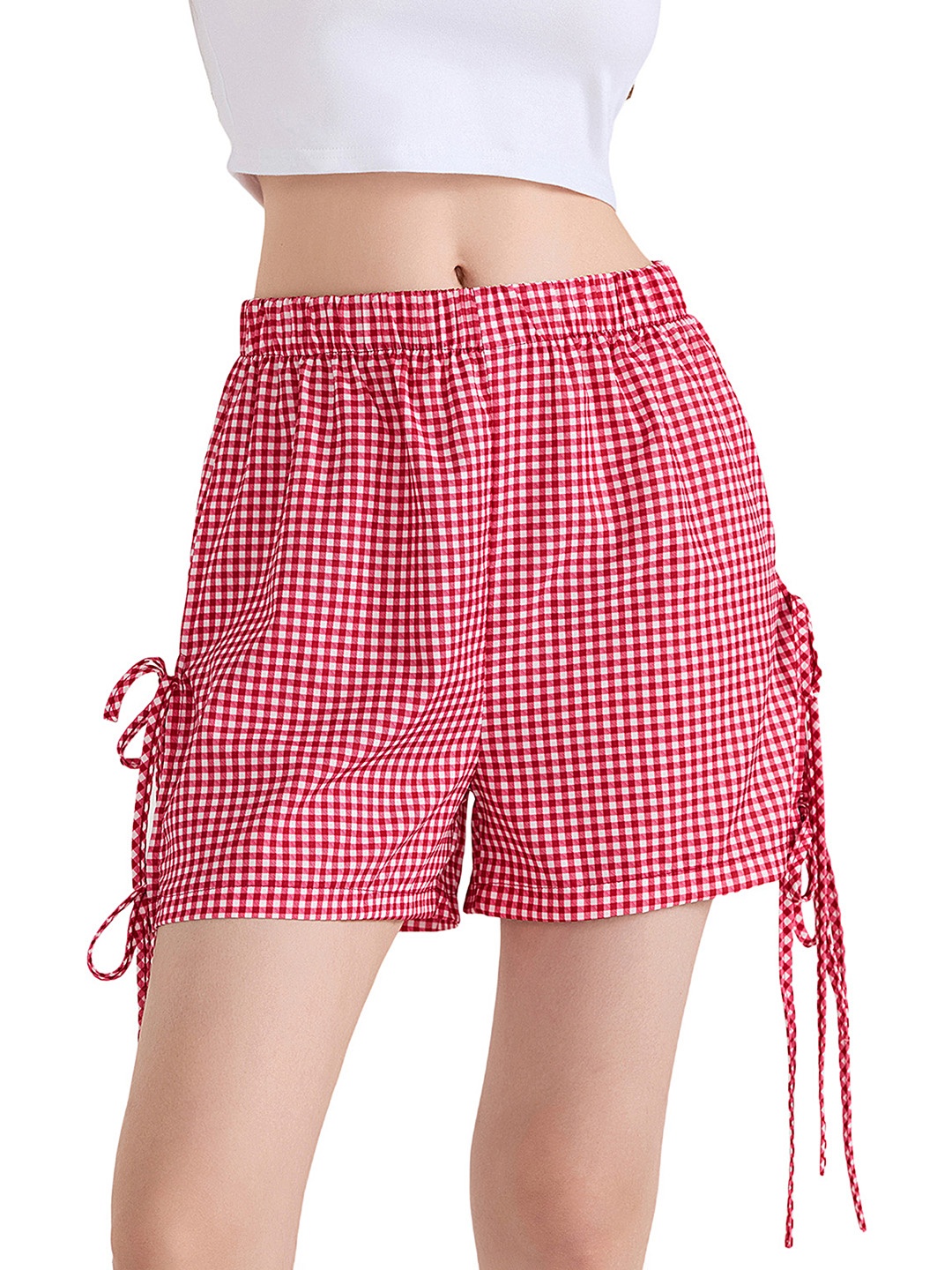 

LULU & SKY Women Checked High-Rise Technology Shorts, Red