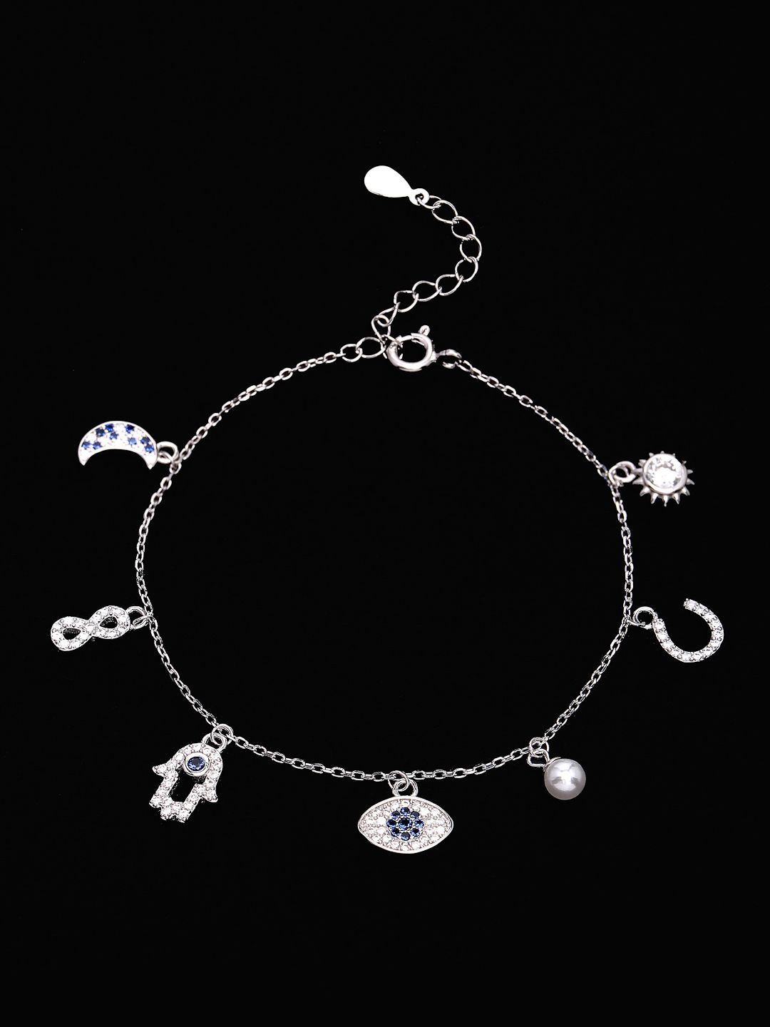 

PANASH 925 Sterling Silver Rhodium-Plated CZ Studded Evil Eye Charms Bracelet