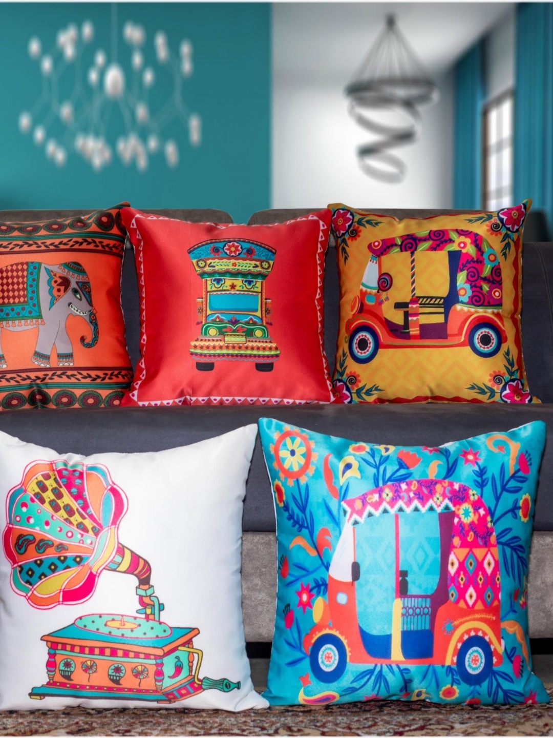 

Vendola Blue & Red 5 Pieces Abstract Satin Square Cushion Covers